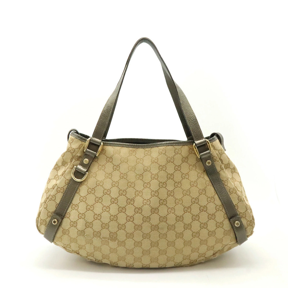 Gucci GG Canvas Tote Bag Shoulder Hobo Leather Beige Brown Cream Silver